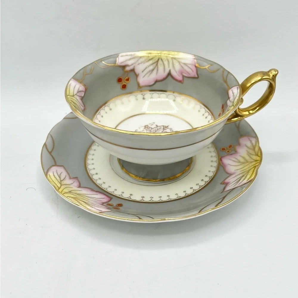 VTG Shafford Tea Cup & Saucer Grey‎ Gold Pink Floral Extra Support on Handle